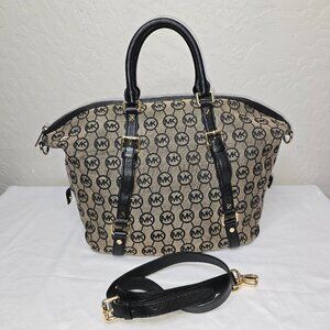 Michael Kors Bedford Black & Beige Signature Canvas & Leather Crossbody Satchel